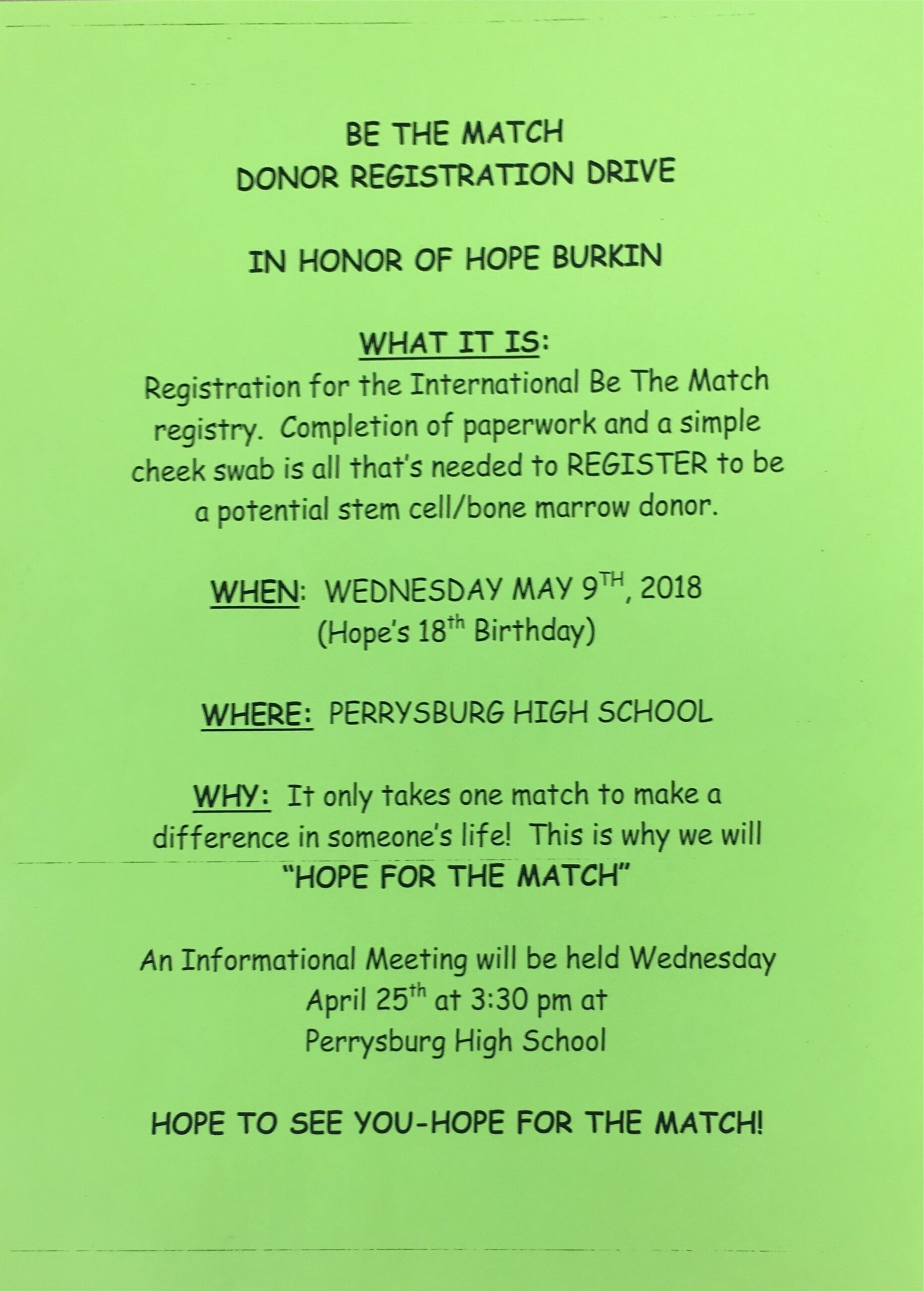 Hope For The Match–In Honor of Hope Burkin