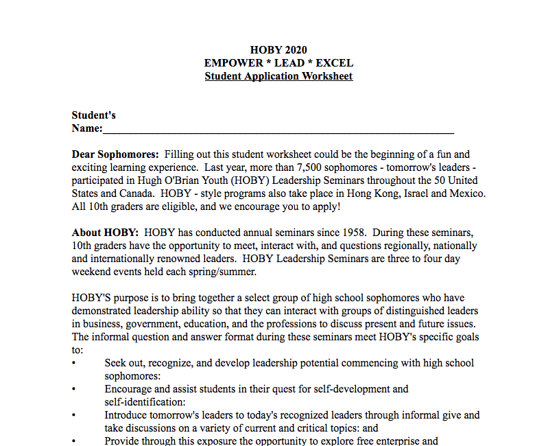 Screenshot of the HOBY Letter